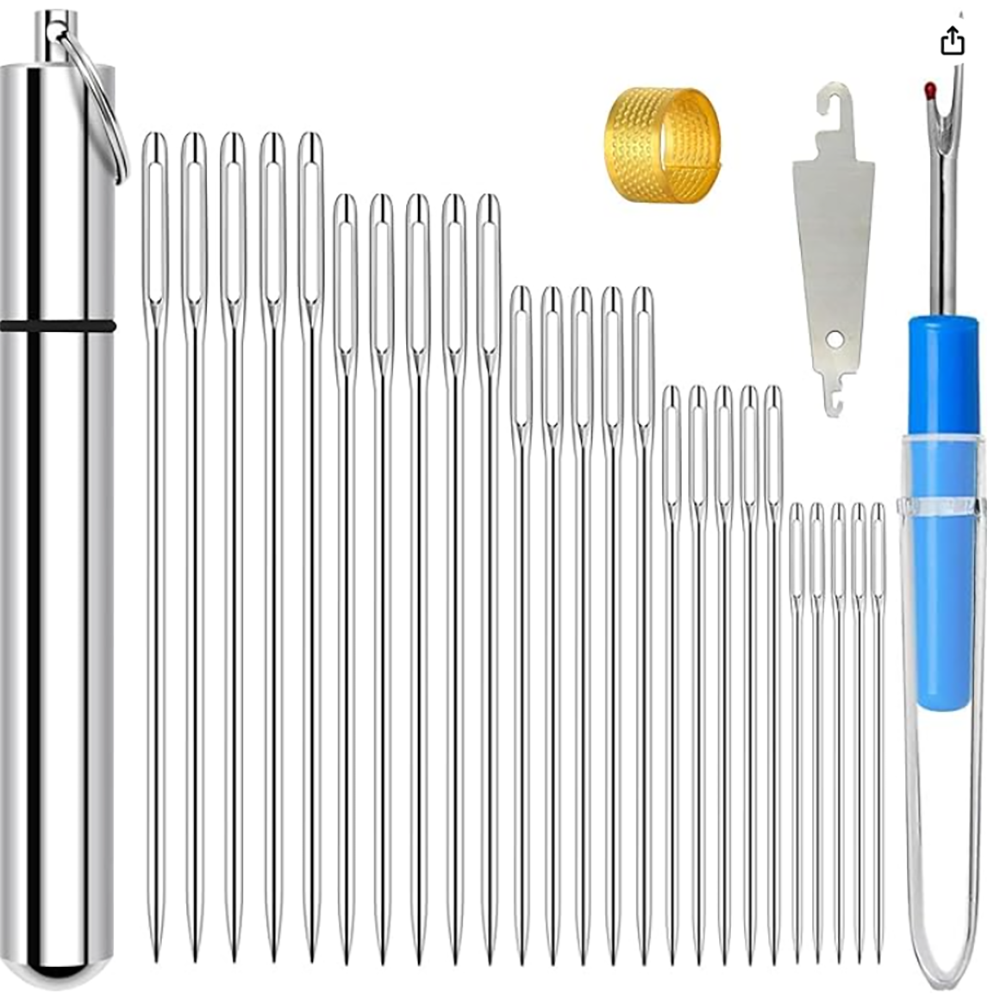KYUEWRT large eye embroidery needles buy online Kuwait

Needle sizes shot:
Hand sewing needles for sale 25 needle set five sizes

Storage tube shot:
Aluminum waterproof storage tube for hand sewing needles

Tools shot (thimble, seam ripper, threader):
Sewing needles set with thimble seam ripper and needle threader