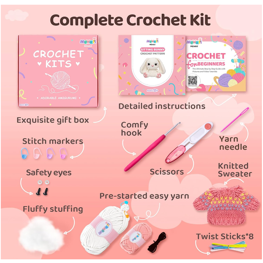 Mewaii crochet kit for beginners buy Kuwait
Crochet starter kit for adults with yarn, hook and stuffing
